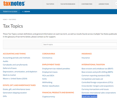 full color screenshot of the Tax Topics page with expatriate taxation highlighted.