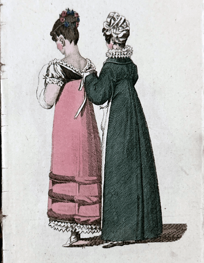 A color engraving of a woman tying the back of another woman's dress