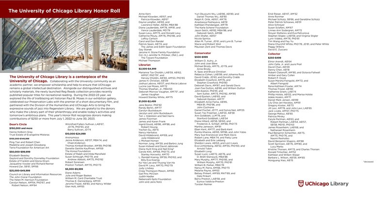 An image of the Library Society Honor Roll, listing the names of donors who gave between July 1, 2022, and June 30, 2023. There is a photo included of the inside of the Mansueto Library.