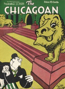 Art Institute lion looking at man and dog on Chicagoan cover