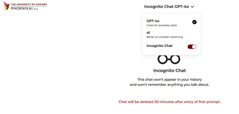 Screenshot of PhoenixAI Incognito Chat toggle