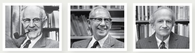 Black-and-white headshots of Schultz, Stigler, and Becker, each in front of books