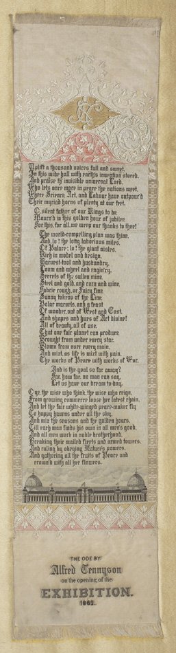 A long, narrow sheet with The Ode by Alfred Tennyson on the Opening of the Exhibition printed on it