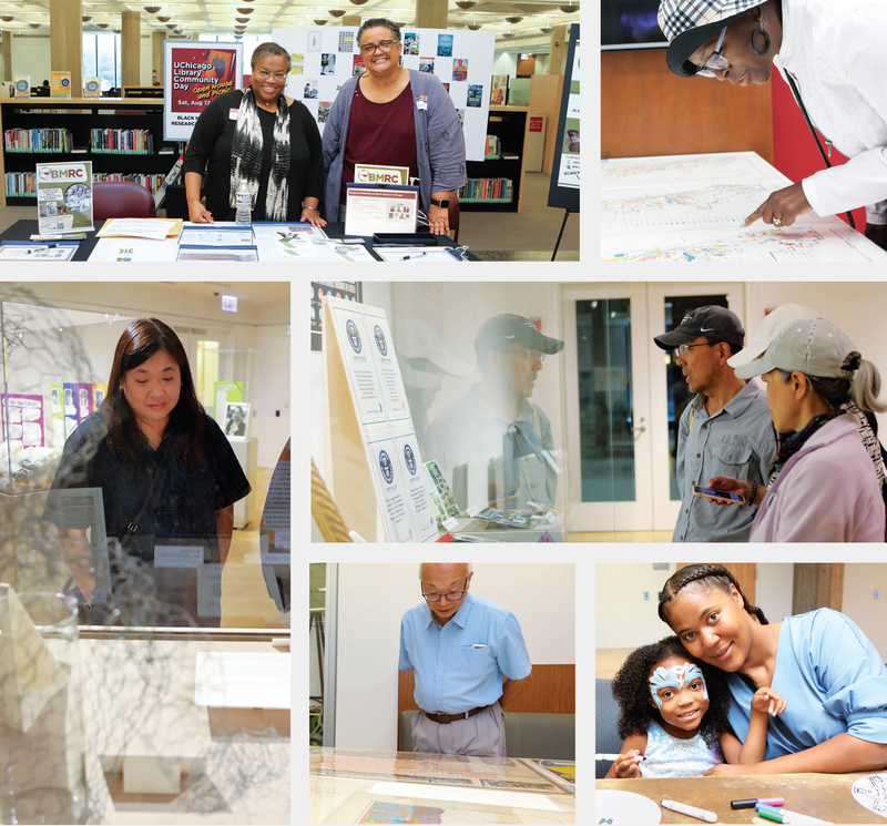 Photo montage showing faculty and staff from the Black Metropolis Research Consortium and community members viewing maps and exhibitions and enjoying face painting and coloring